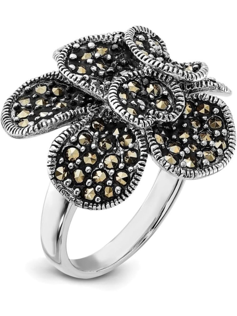 Sterling Silver Marcasite Flower Ring Band - Elegant 925 Silver Jewelry Gift